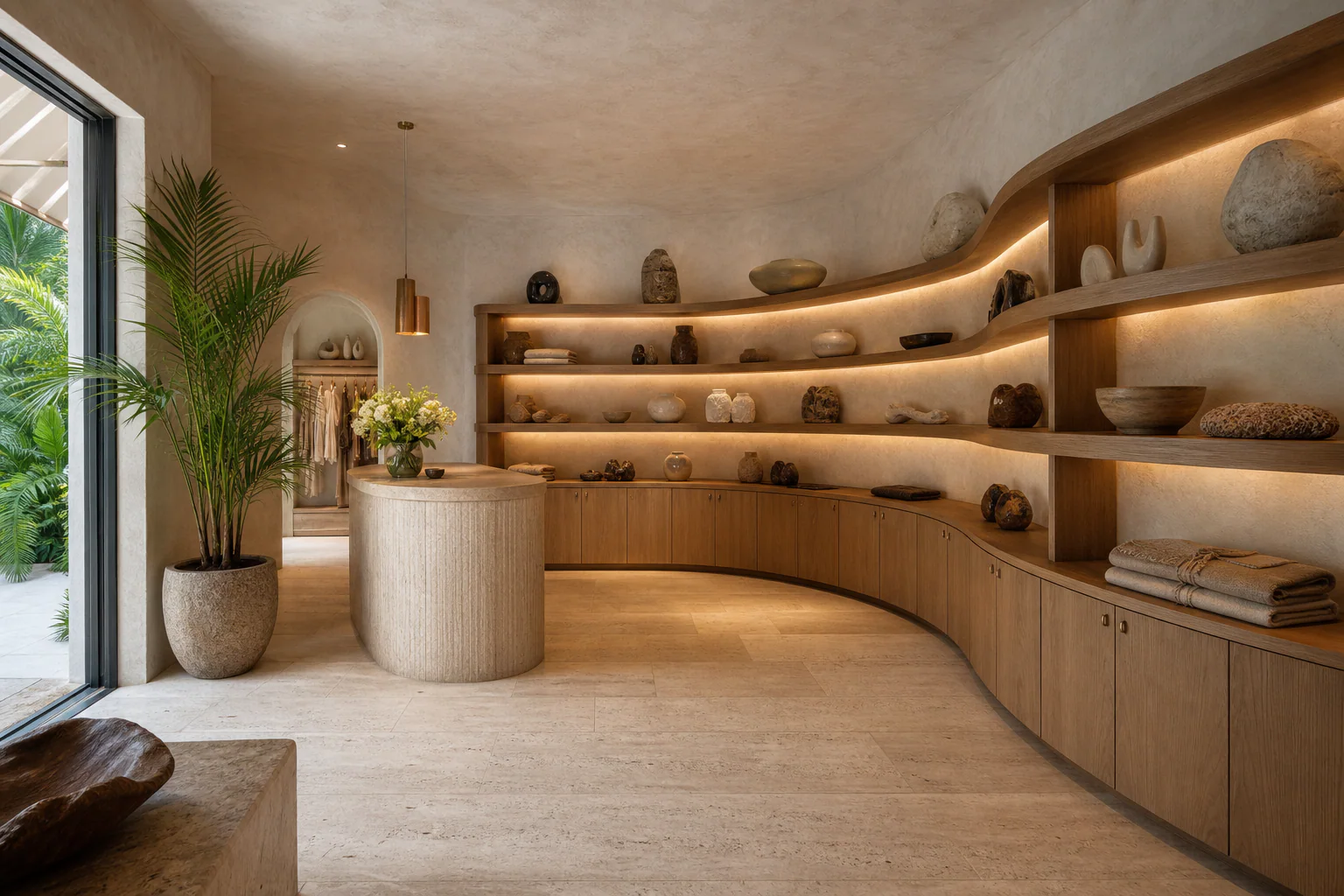 Curved oak retail shelving and a custom cash wrap in a Miami boutique
