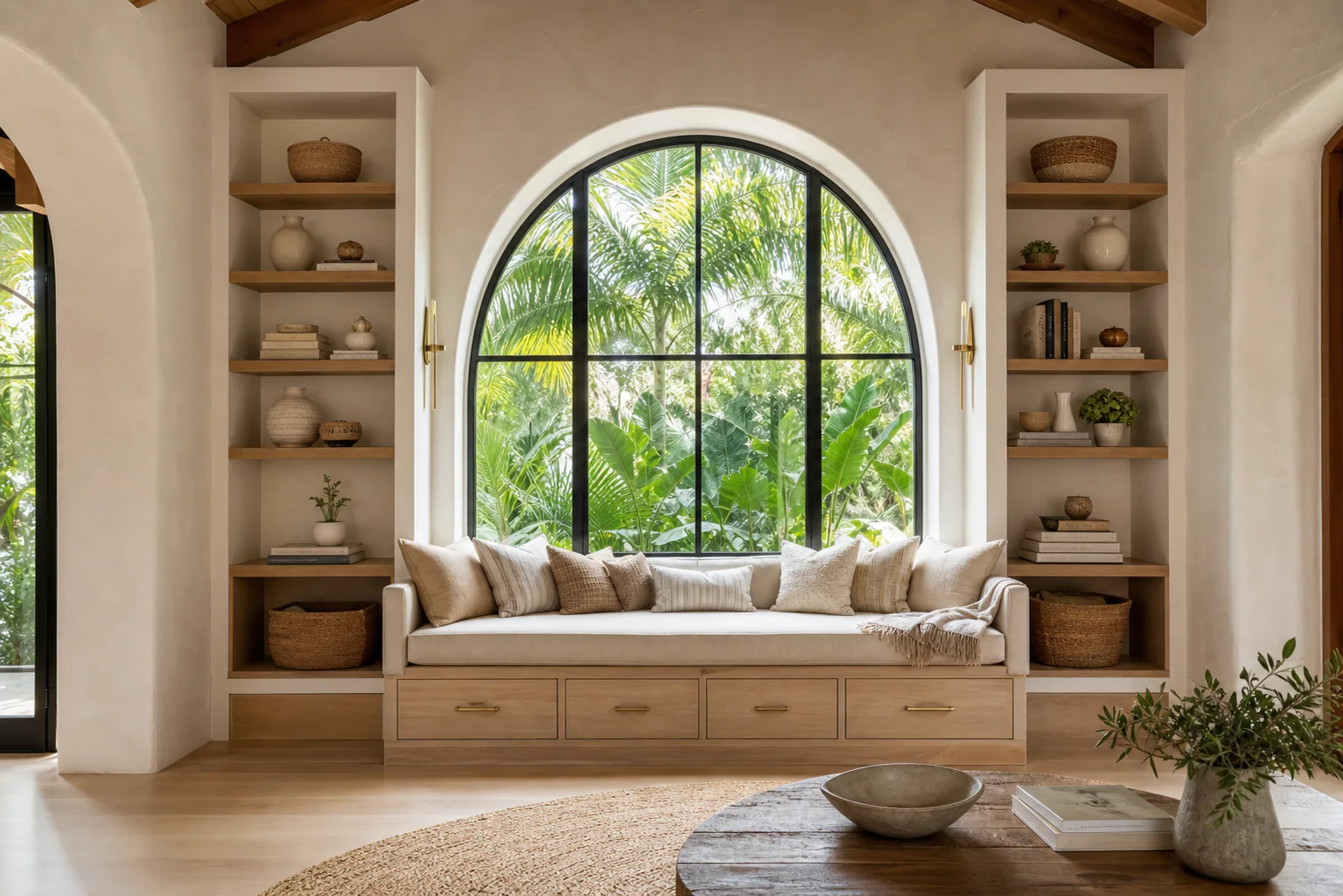 Curved white oak window seat with storage and integrated bookshelves