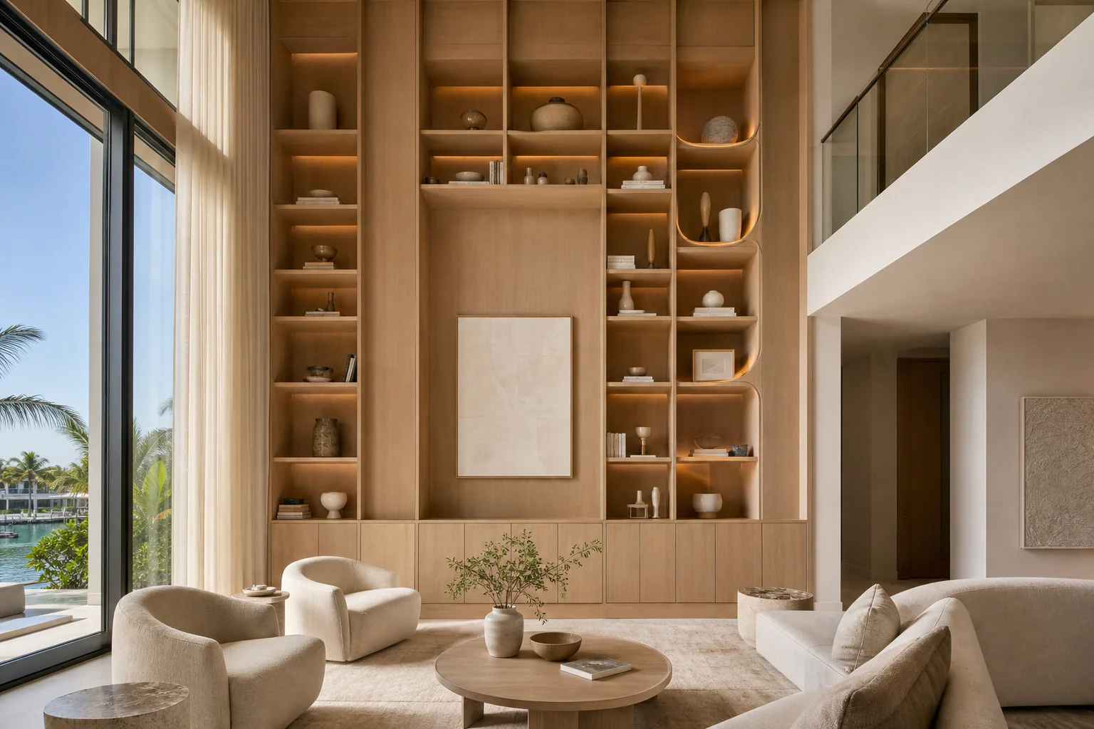 Double-height white oak library wall with integrated display niches