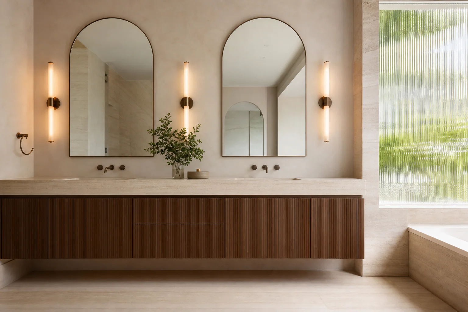 Floating fluted walnut bathroom vanity with integrated stone sinks