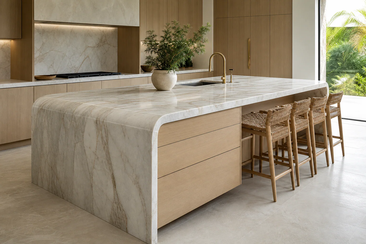 Custom white oak kitchen island with a quartzite waterfall counter