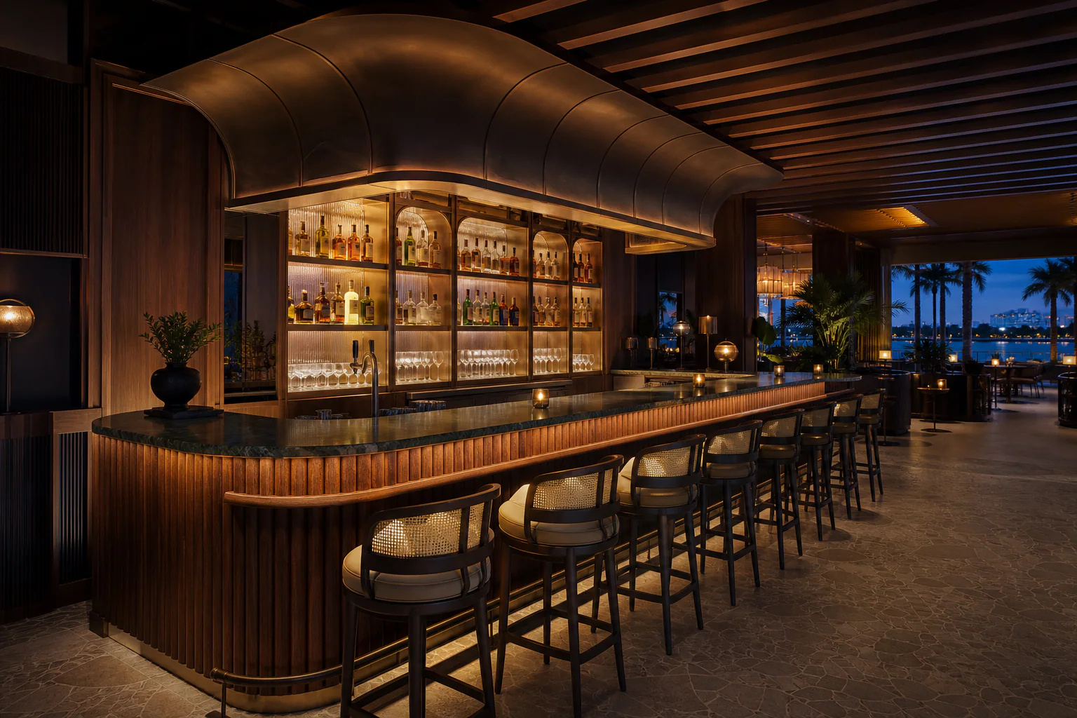 Sculptural walnut restaurant bar with a curved bronze canopy