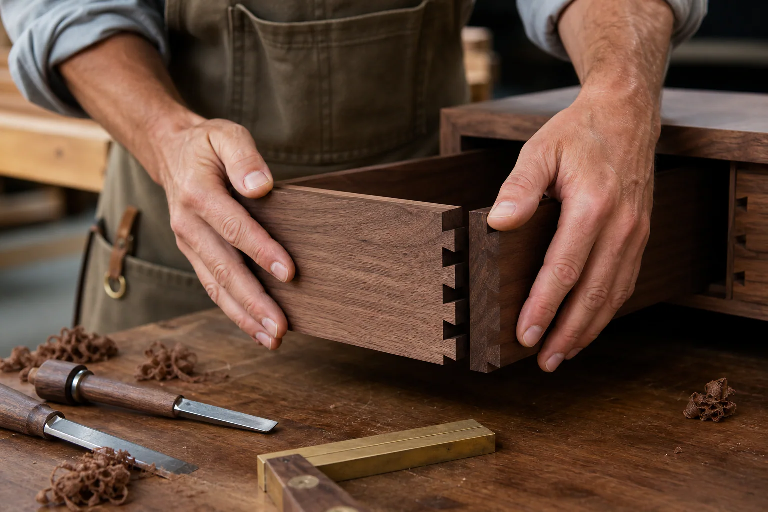 Craftsperson fitting a solid walnut dovetail drawer by hand