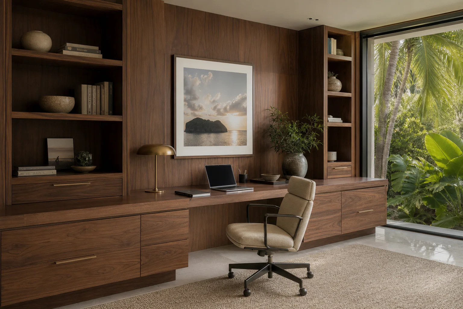 Wall-to-wall walnut home office with integrated desk and cabinetry
