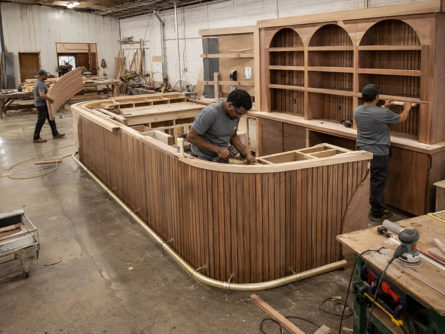 Commercial bar in Miami with hardwood front, stone counter, and back-bar display