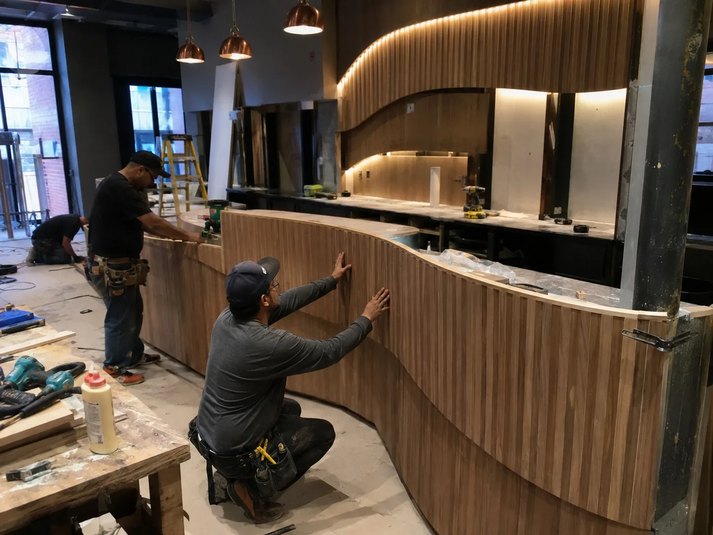Custom bar with a stone top and fluted timber front in Miami