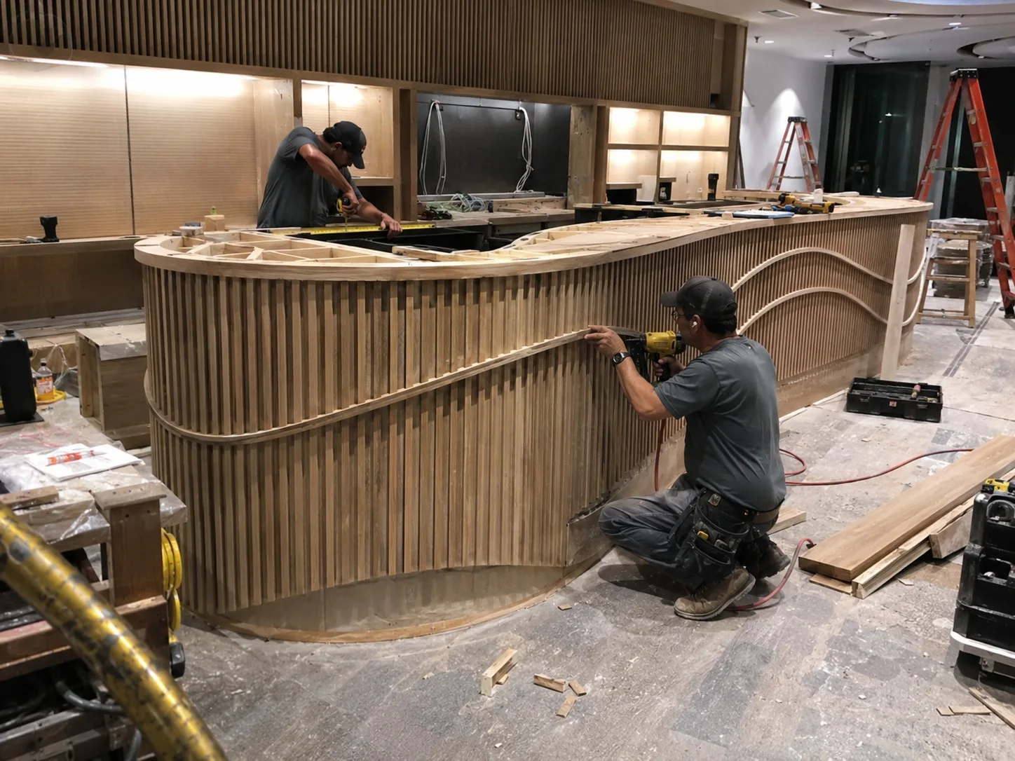 Millwork contractors installing custom bar joinery in a Miami interior